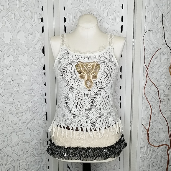 Eva Eva Tops - Eva Eva Boho Mixed Media Beaded Lace Tank Top